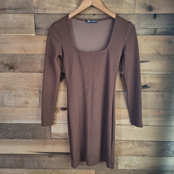 Zara Dresses & Skirts - Zara Ribbed Long Sleeve Square Neck Bodycon Dress Brown Size Medium